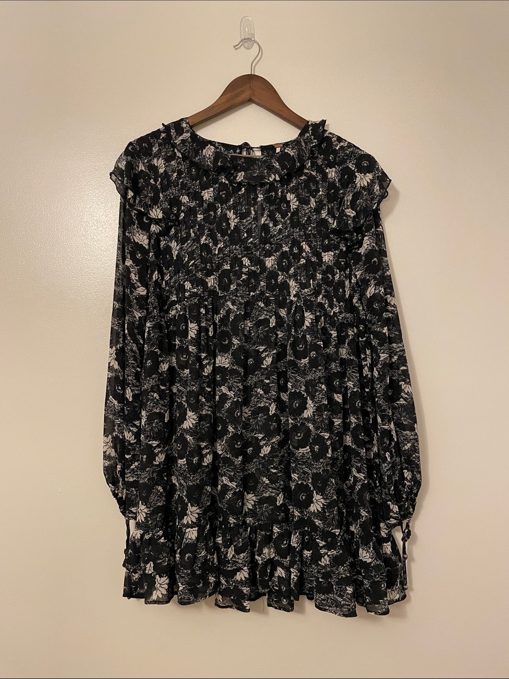 Free People Sheer These Dreams Black & White Floral Long-Sleeve Mini Dress